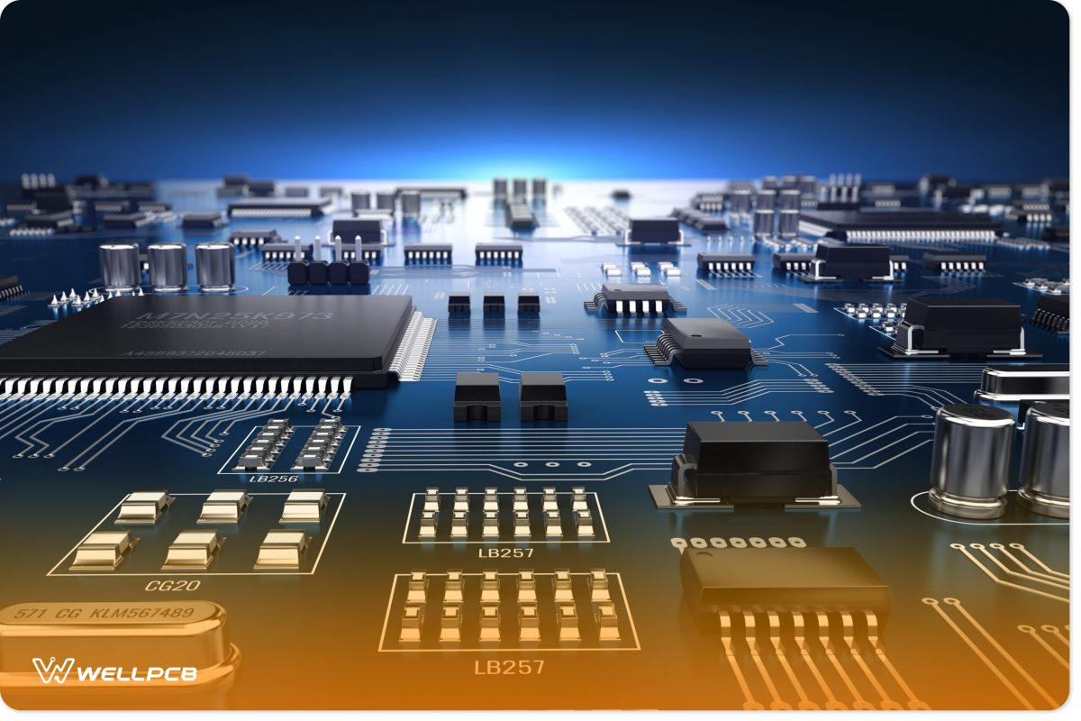 3D illustration of high-tech electronic PCB with processor and microchip