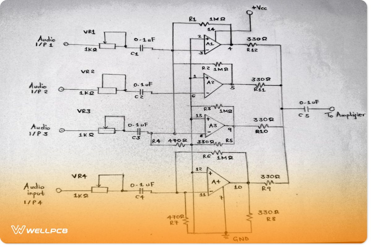 4-channel audio mixer circuit using Op-Amp