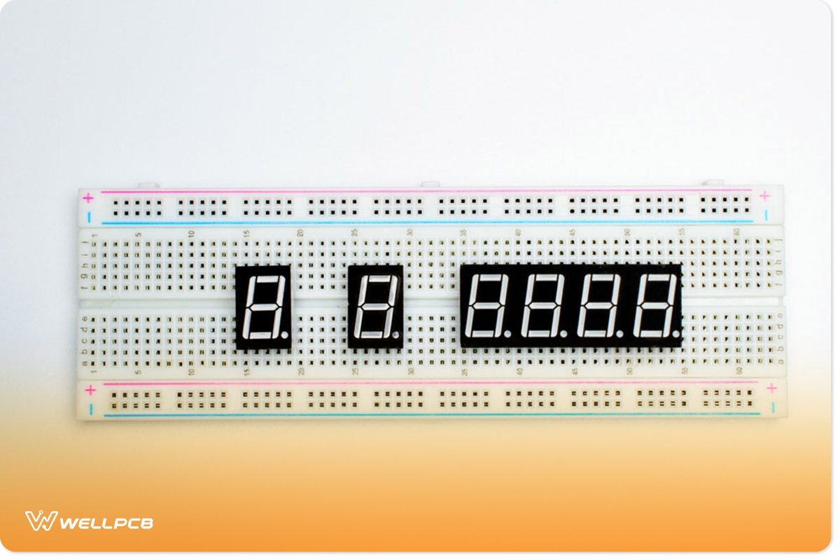 7-segment Arduino indicators attached to a breadboard.