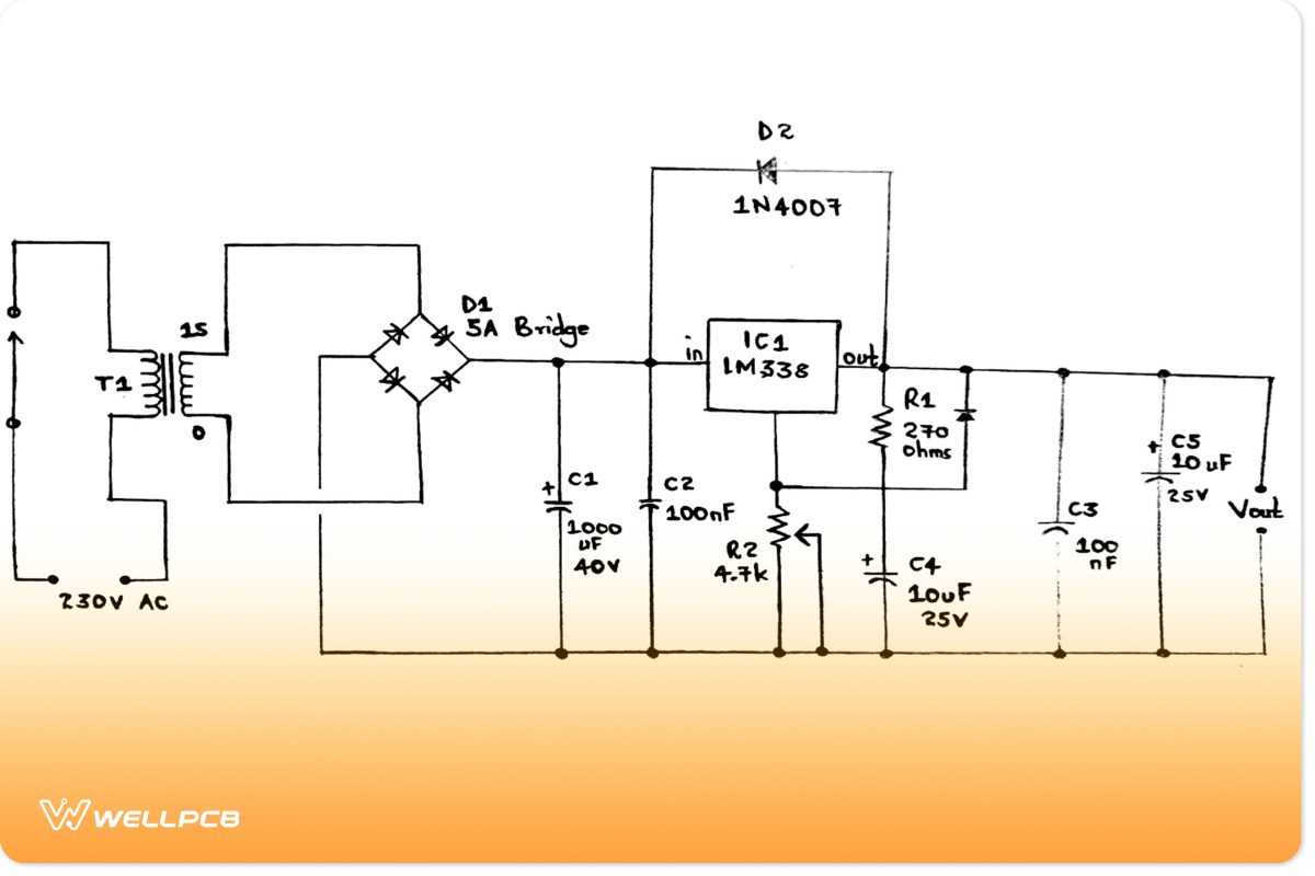 A 13V 5A adjustable voltage LM338 circuit diagram