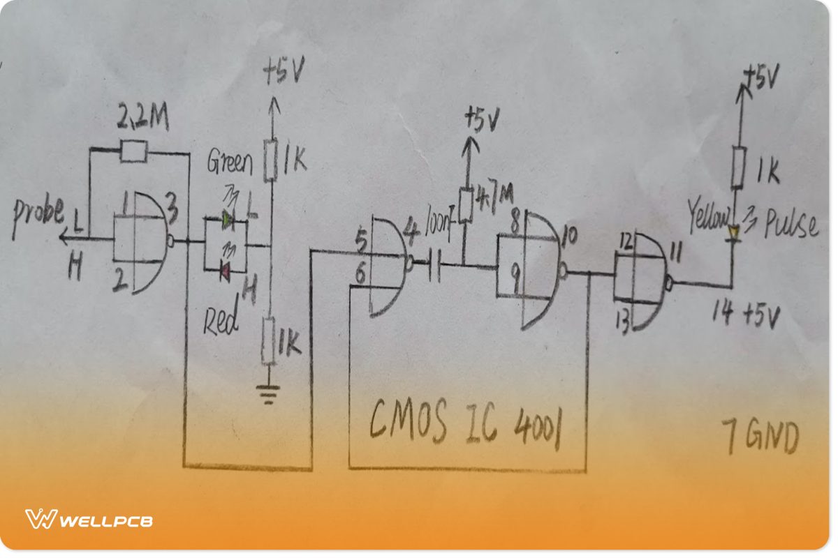 A 3-led light logic probe schematic diagram