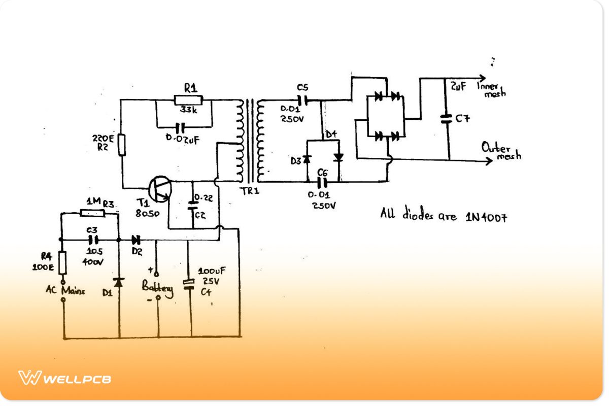 A basic circuit diagram of a mosquito swatter bat