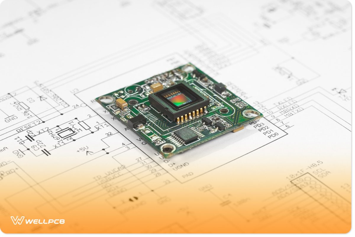 A circuit board on top of a diagram