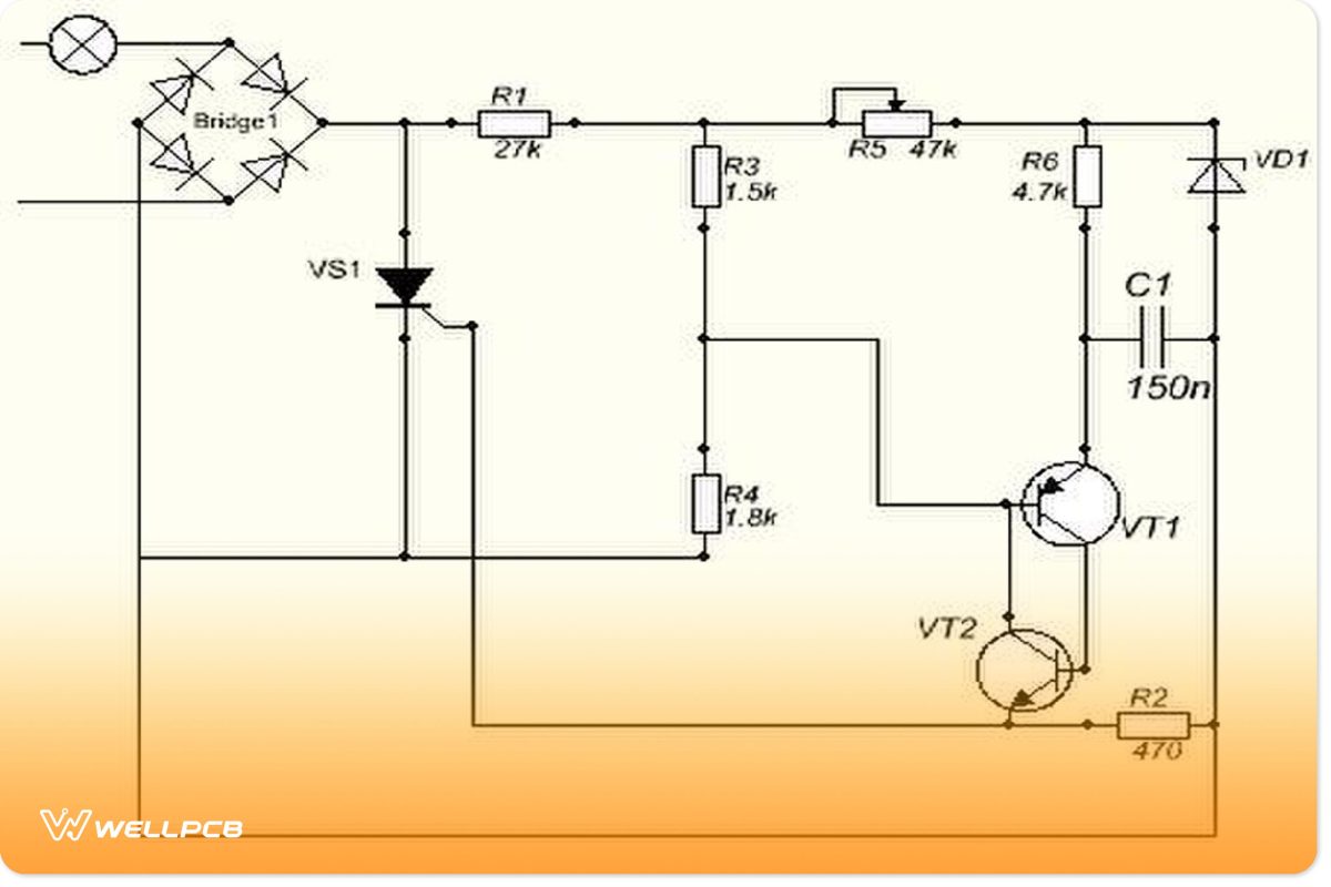 A circuit diagram of an SCR operating as a power regulator