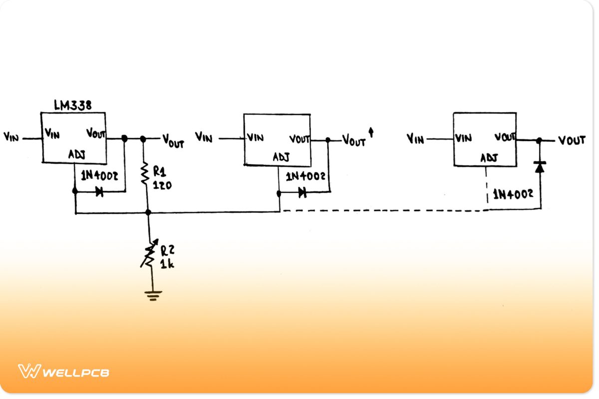 A circuit diagram of many IC LM338 modules using a single control 