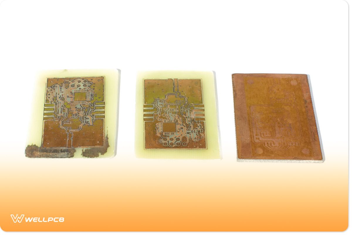 A collection of three copper-printed circuit boards.   