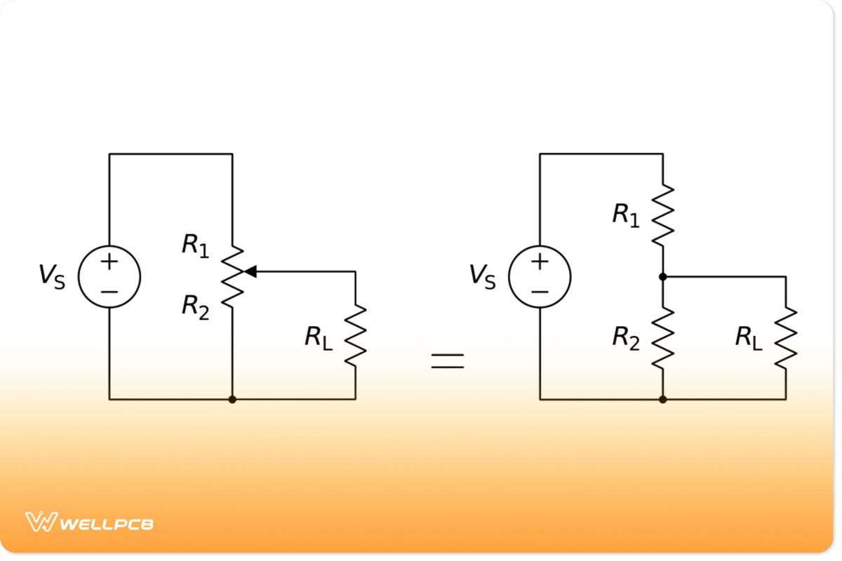 A potentiometer with resistive elements showing equivalent fixed resistors