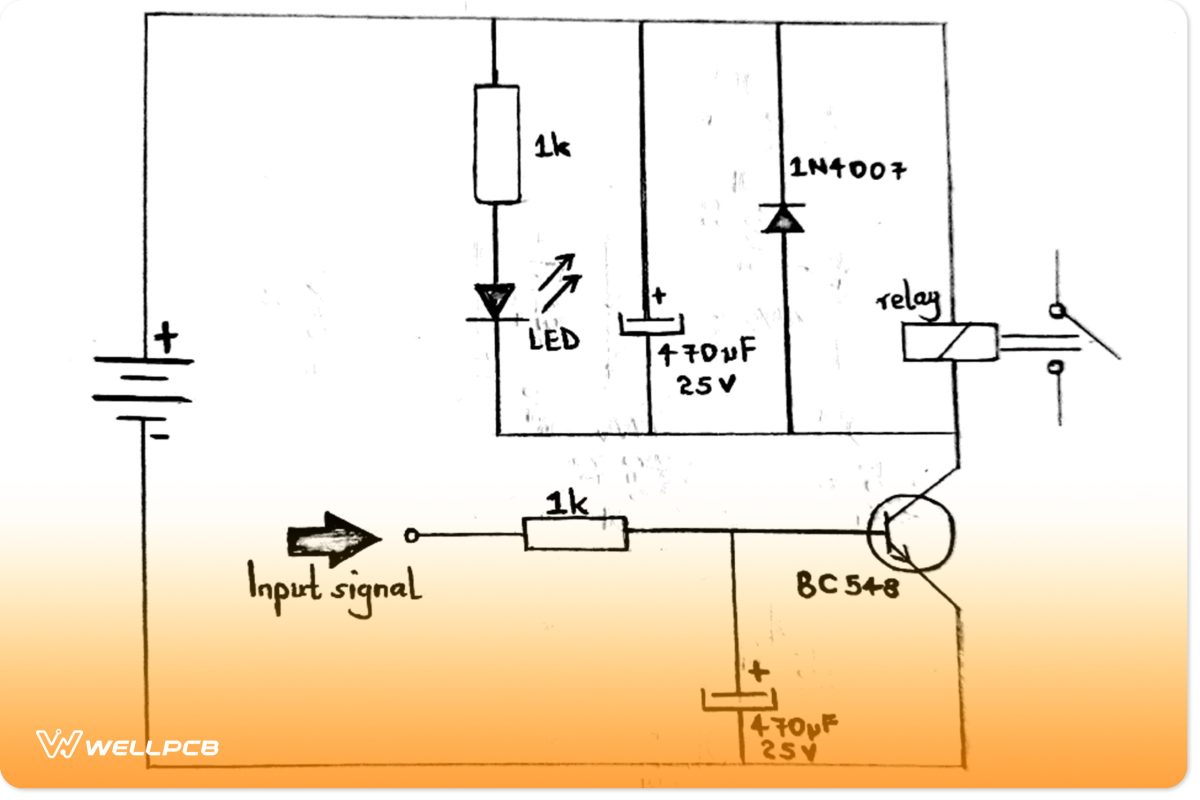 A relay circuit diagram with an NPN transistor