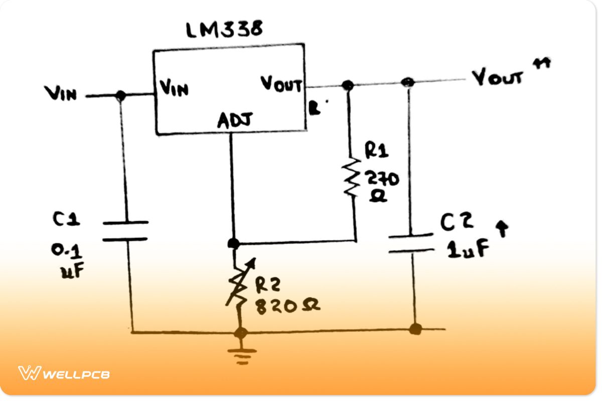 A schematic diagram of LM338 IC