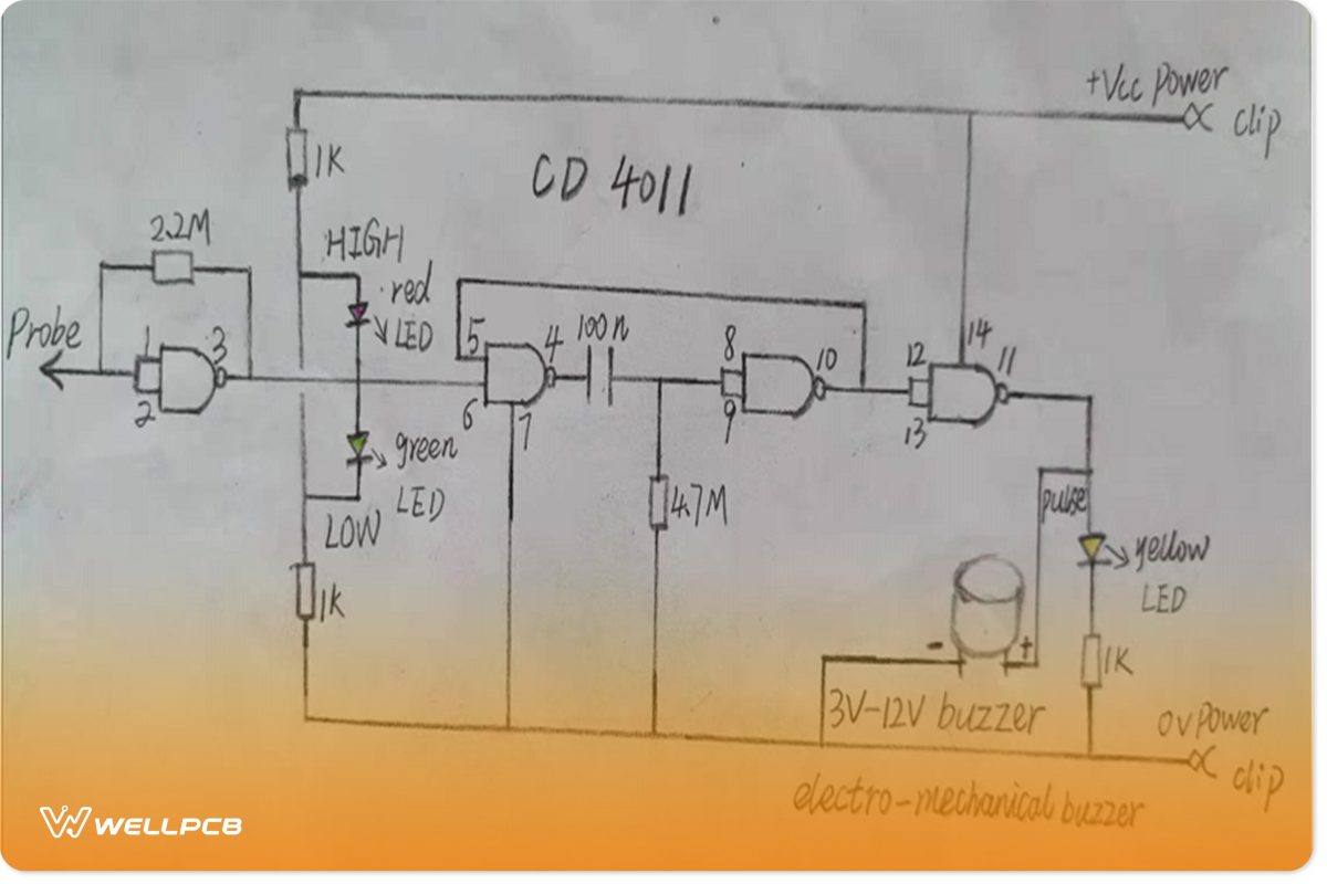 A simple audio logic probe using CD4011 and 3 LED lights