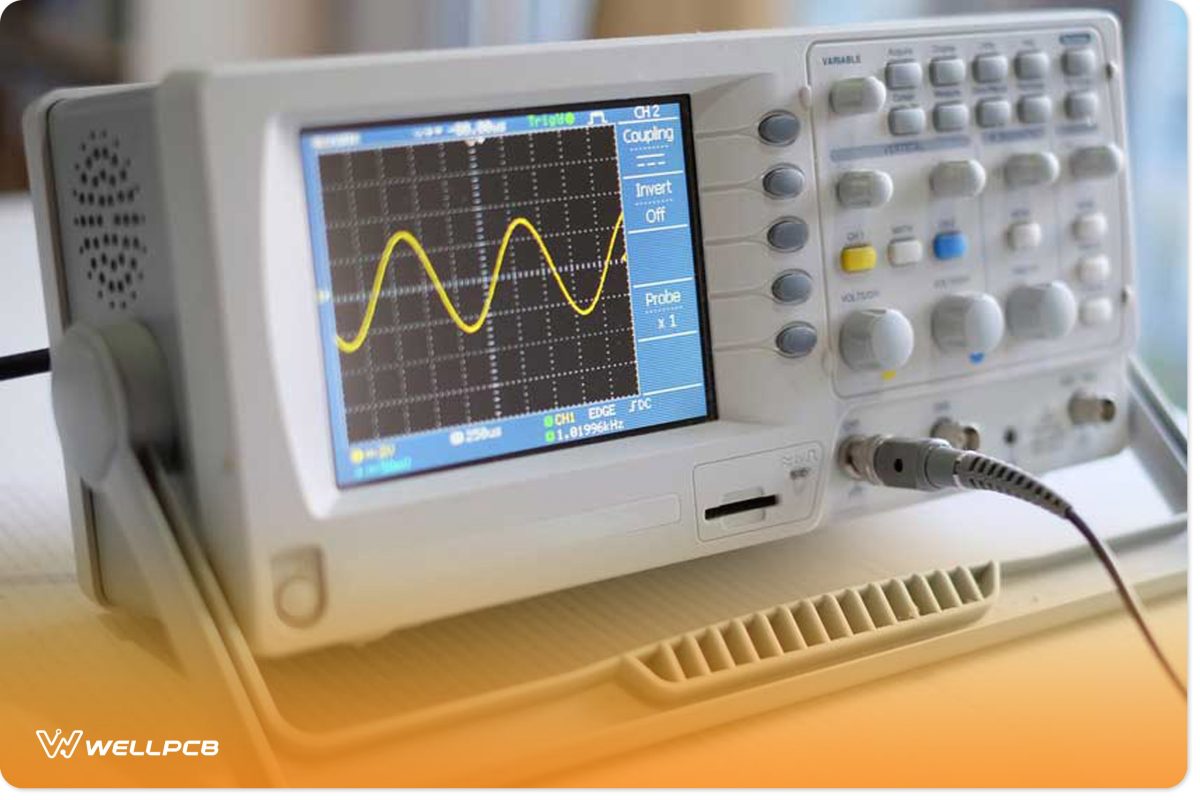 A sine wave on an oscilloscope display