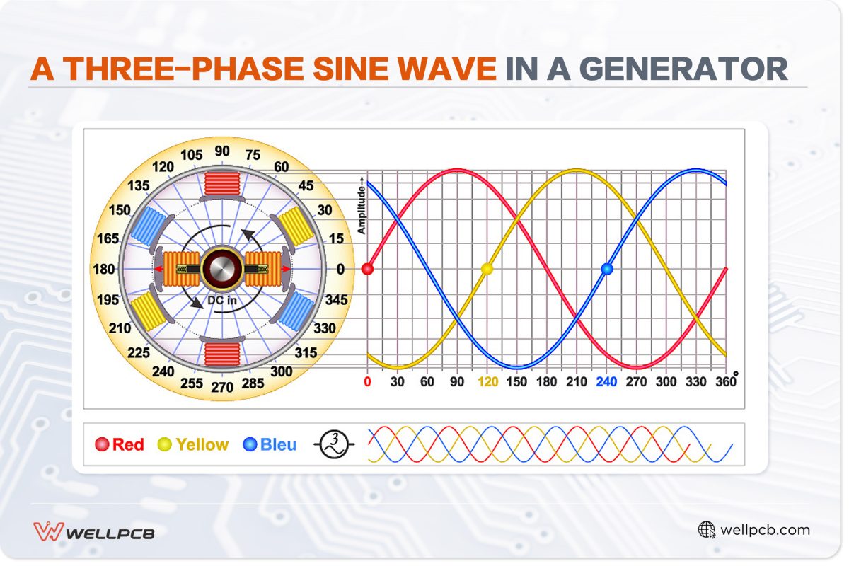 A three-phase sine wave in a generator