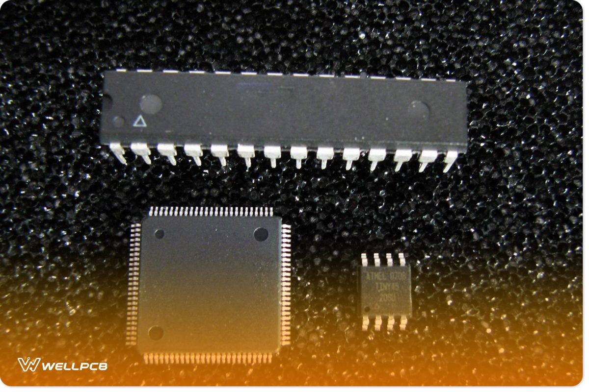 A typical ATtiny45 pinout alongside other ATMEL ICs