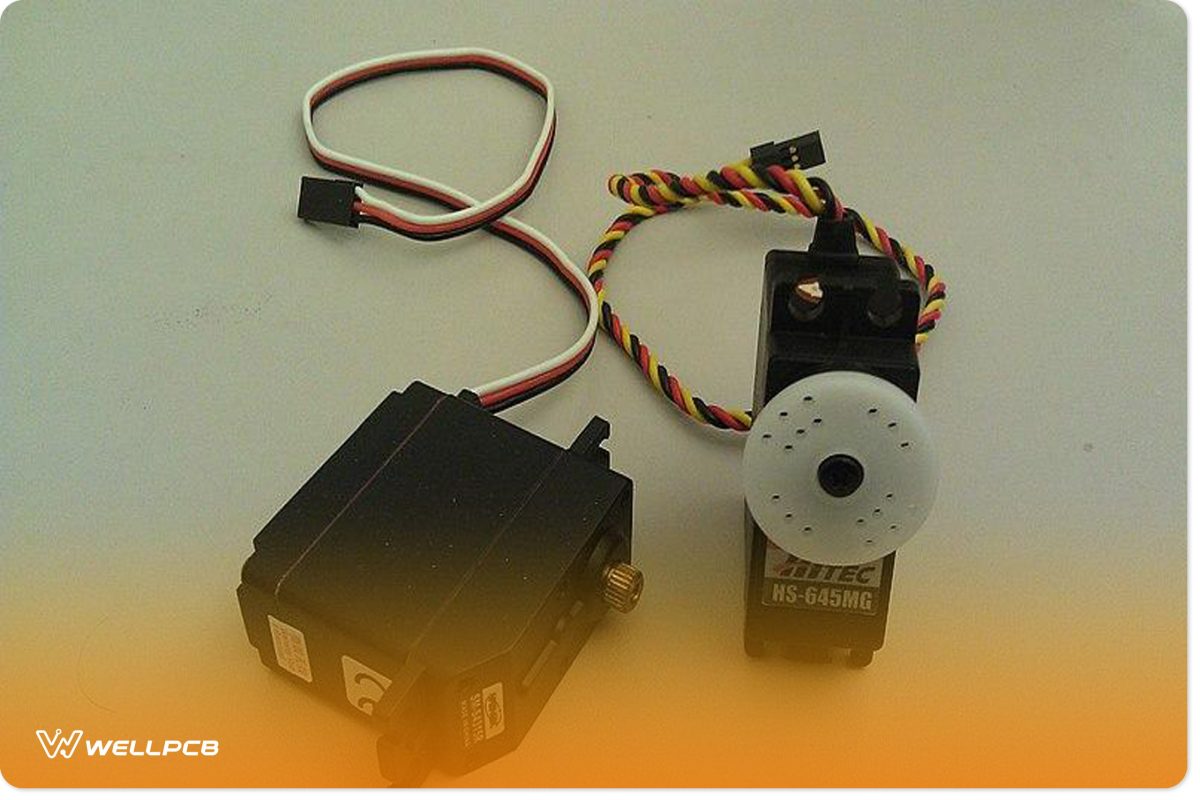 A view of two hobby servo motors