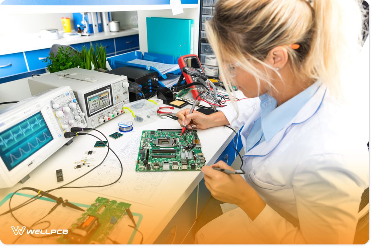 A woman working on a PCB