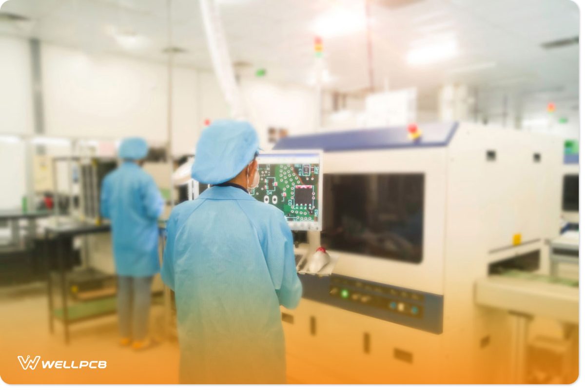 A worker supervises the visual inspection of the AOI of a printed circuit board