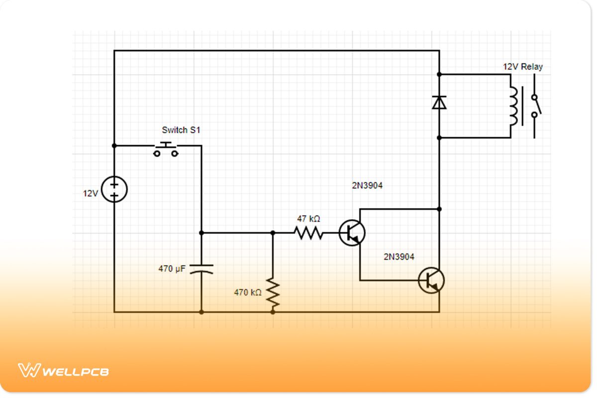 An electronic timer circuit with a pair of transistors