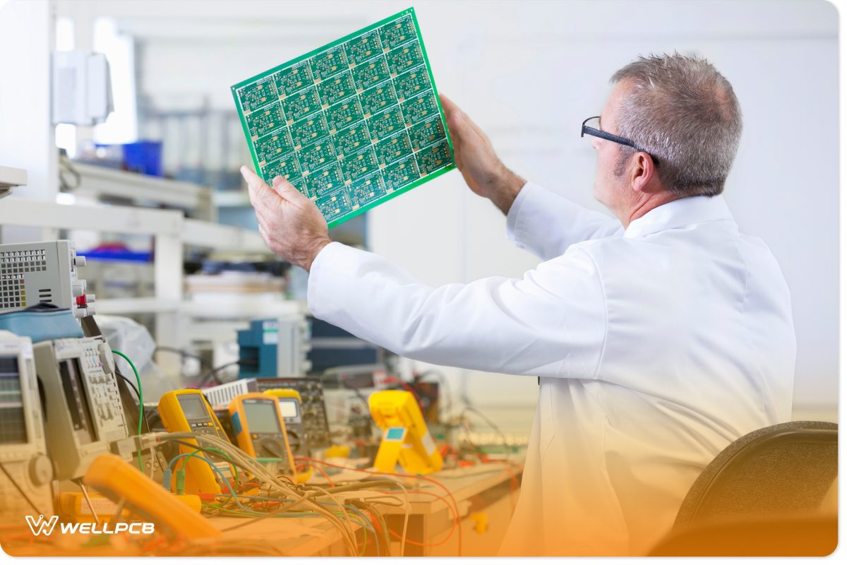 An engineer inspecting a PCB