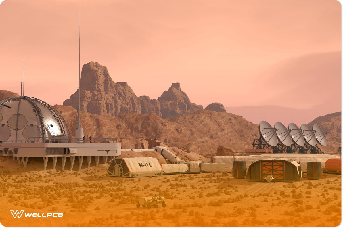 An illustration of a Mars colony base camp