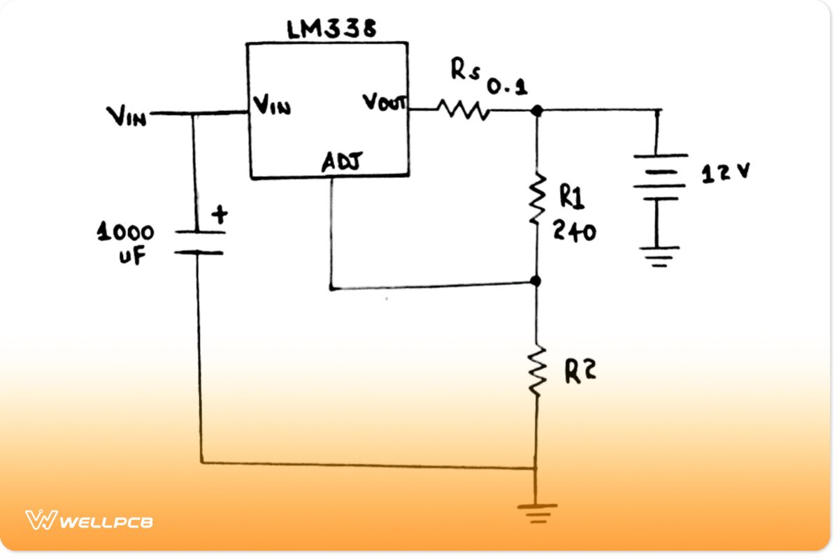 Circuit diagram of a battery charger circuit with 12V current controller 