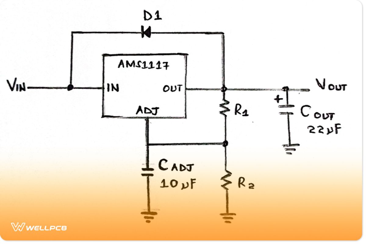 Circuit diagram of a fixed voltage regulator 