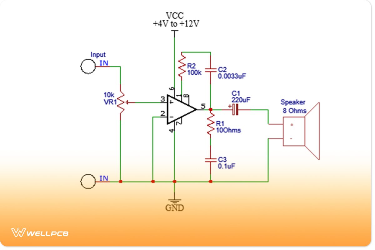 Circuit diagram of an LM386 amplifier with bass boost