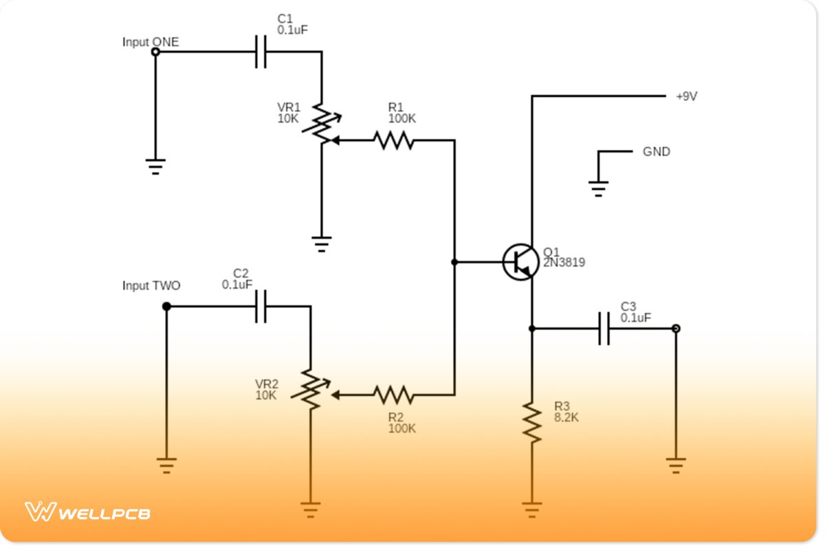 Circuit diagram of audio mixer with the JFET 2N3819