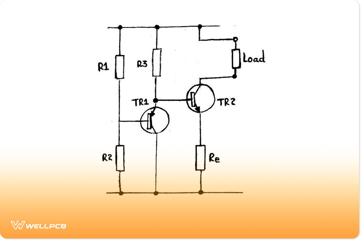 Circuit diagram showing a temperature-compensated transistor active current source.