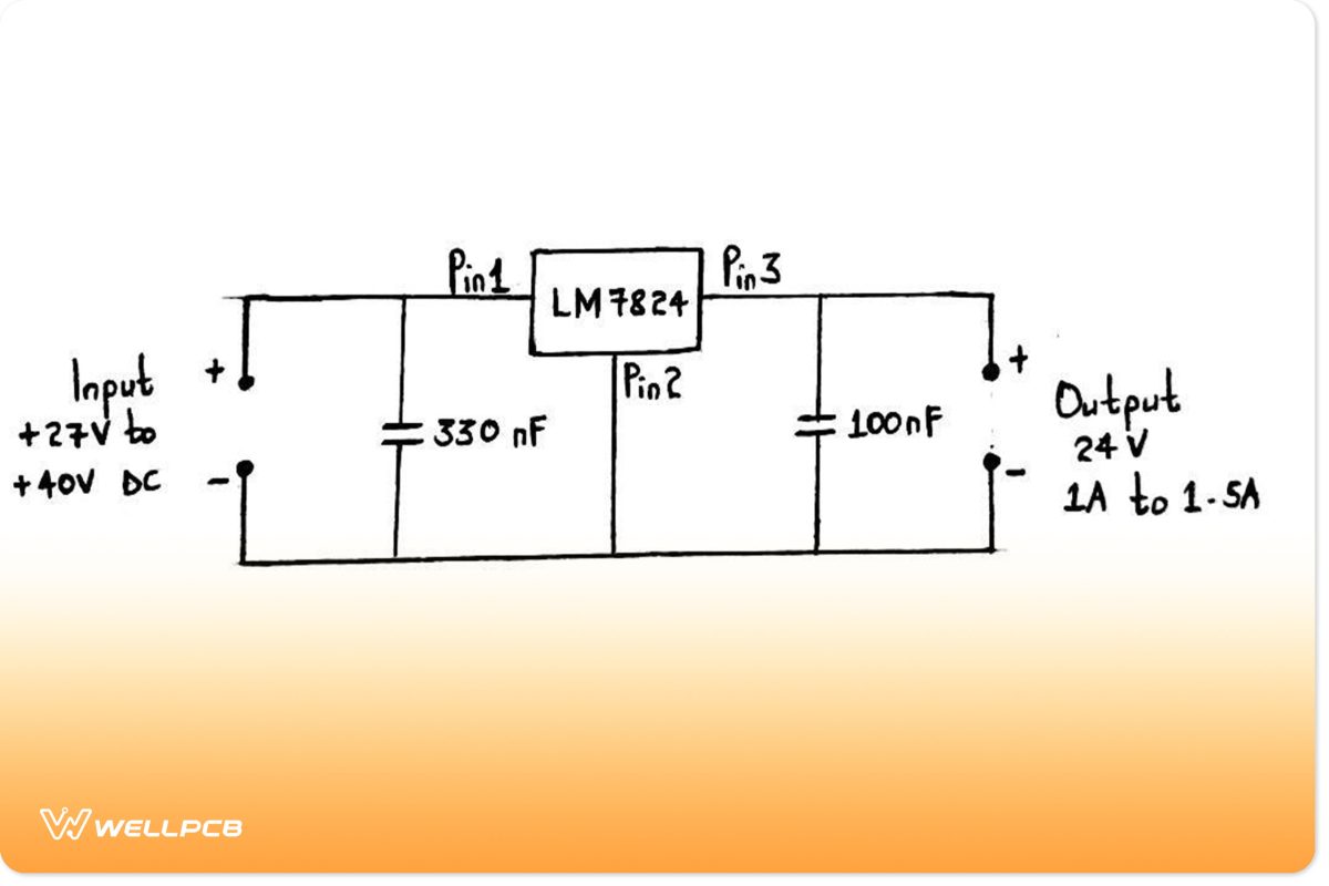 Circuit of LM7824 IC as a +24V voltage regulator 