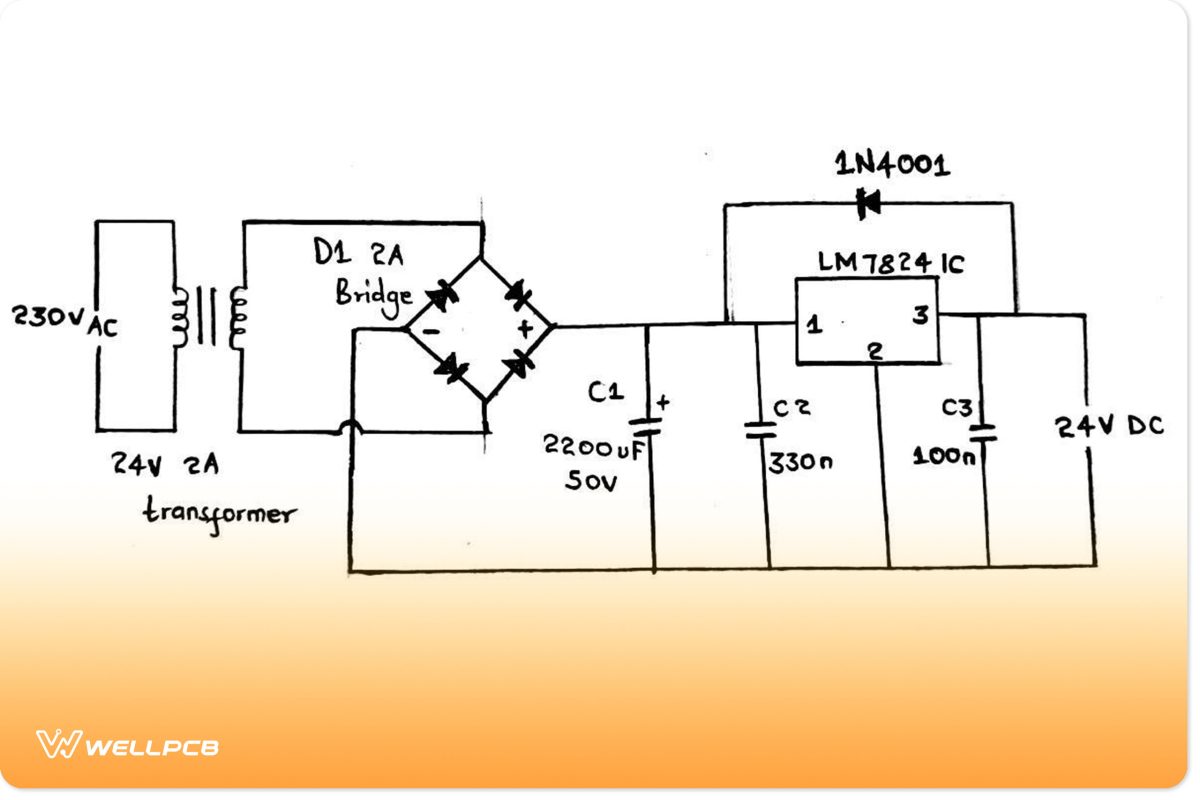 Circuit of a 24V power supply using lm7824 IC 