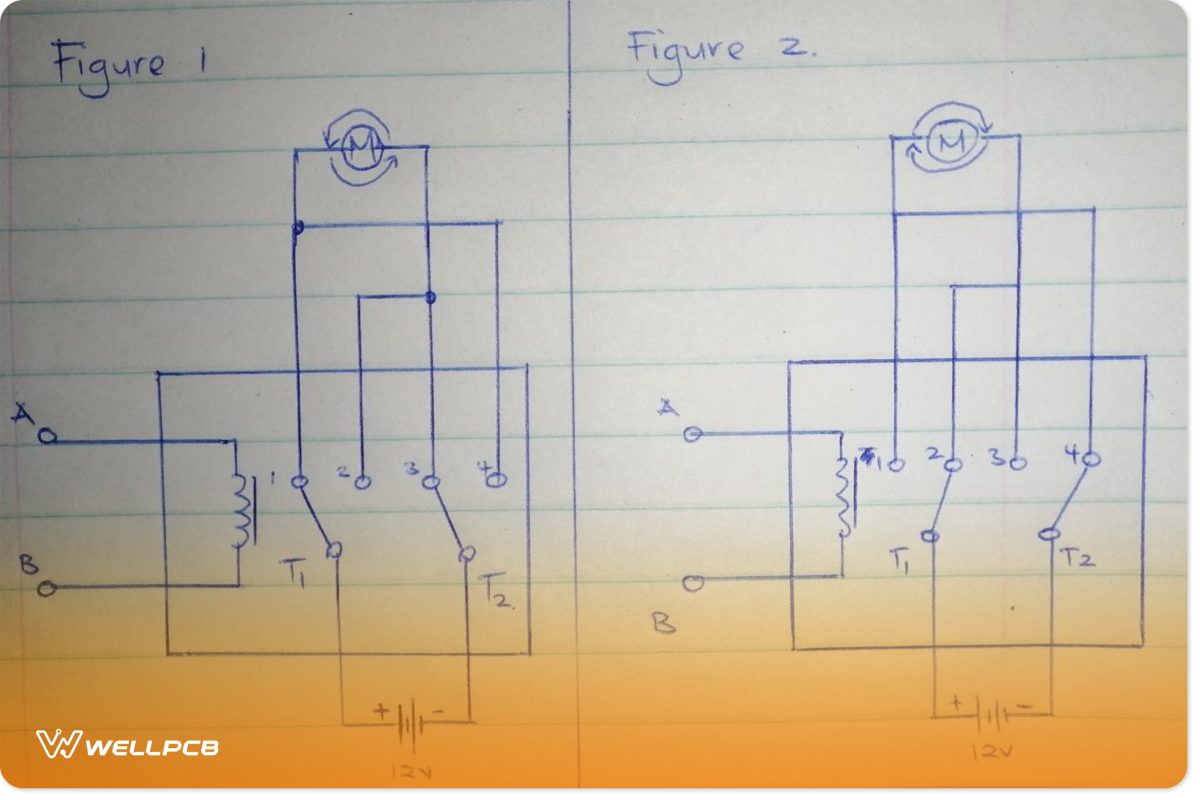 Circuits that explain the operation of a dpdt relay in a motor