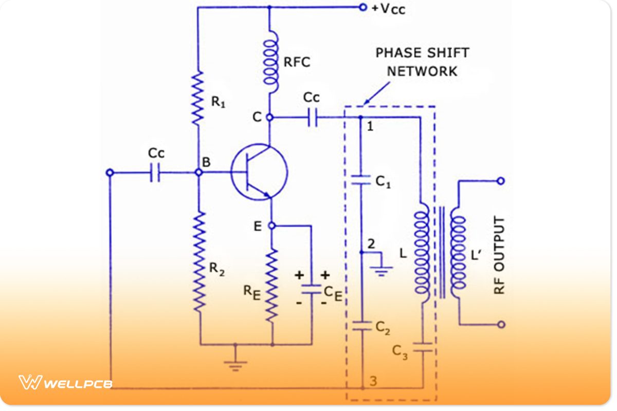 Clapp Oscillator circuit diagram that also shows the phase shift network