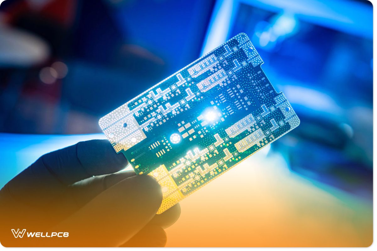 Computer board in the hand of a man. Small PCB close-up.