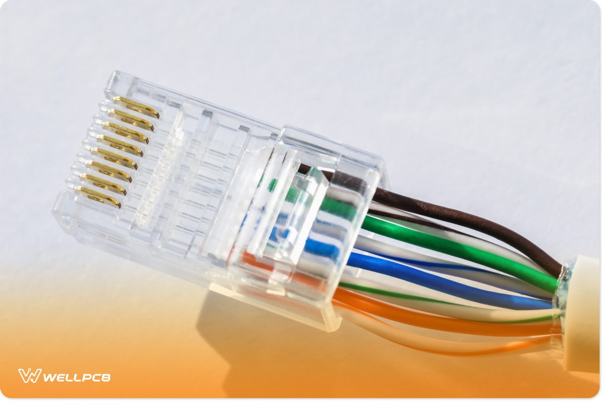 Ethernet wires being inserted into an RJ45 connector