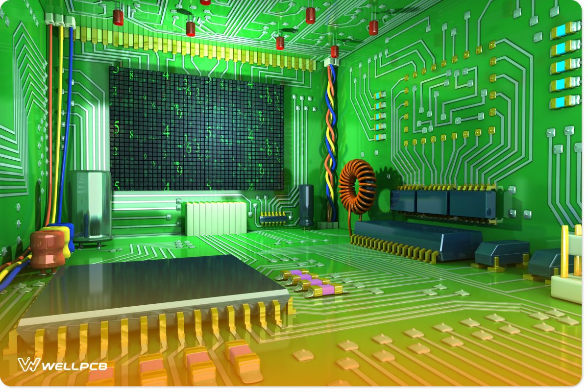 Fantasy digital room with electronic components in the interior