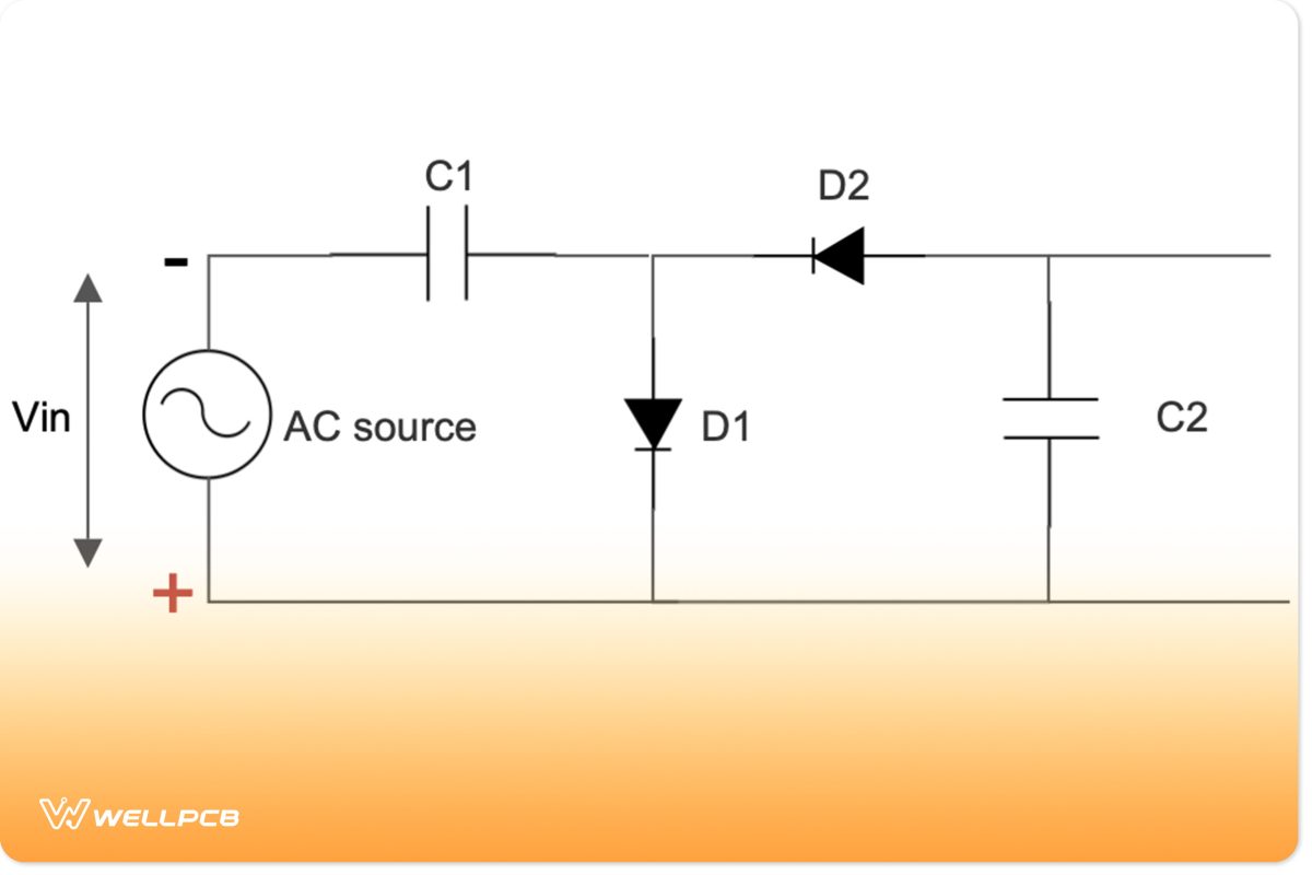 Half-wave DC voltage doubler circuit polarity during the negative half-cycle