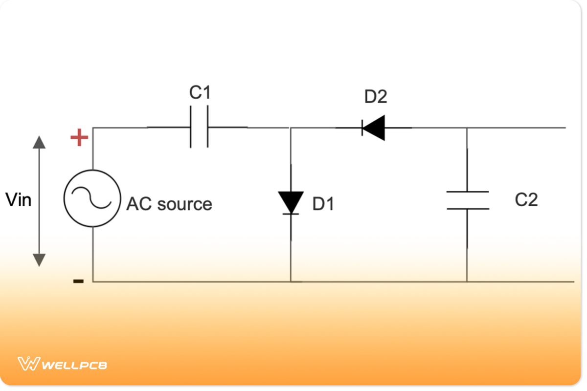 Half-wave DC voltage doubler circuit polarity during the positive half-cycle