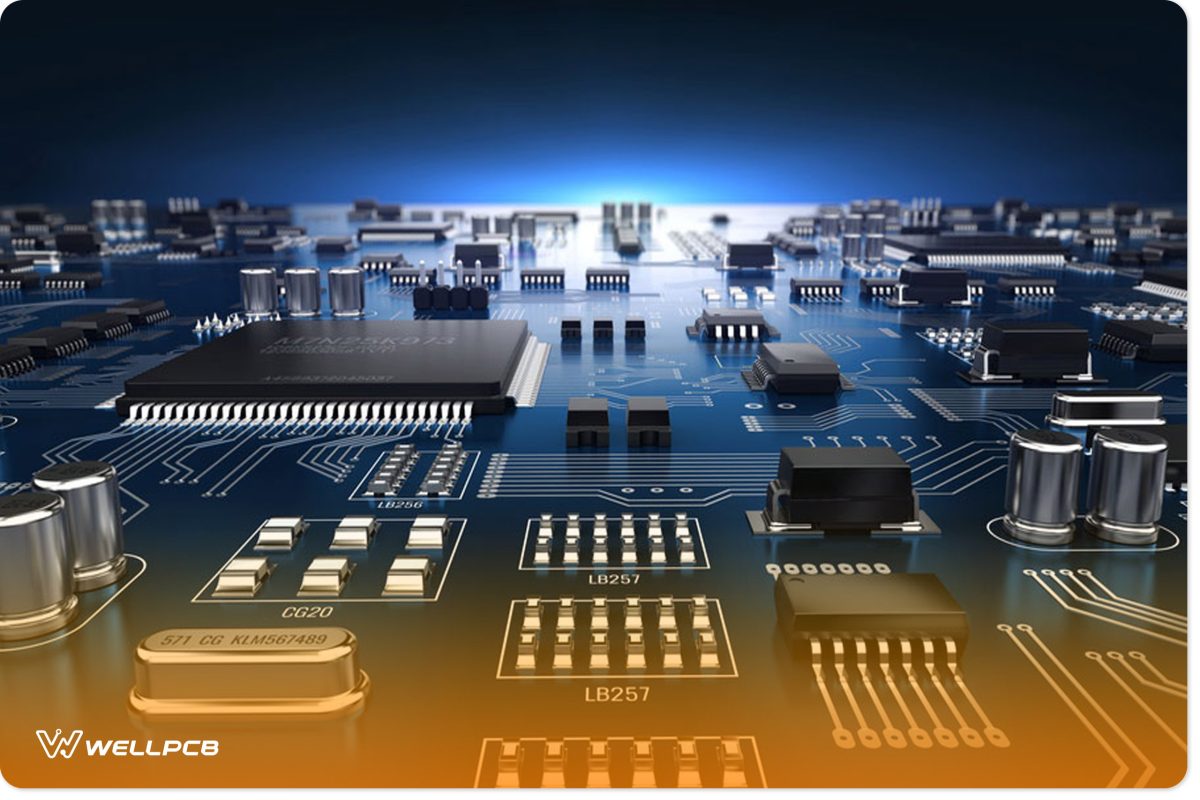 High-tech electronic PCB (Printed circuit board) with processor and microchips