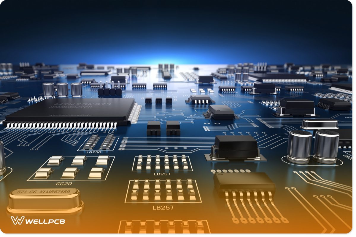 High-tech electronic PCB (Printed circuit board) with processor and microchips