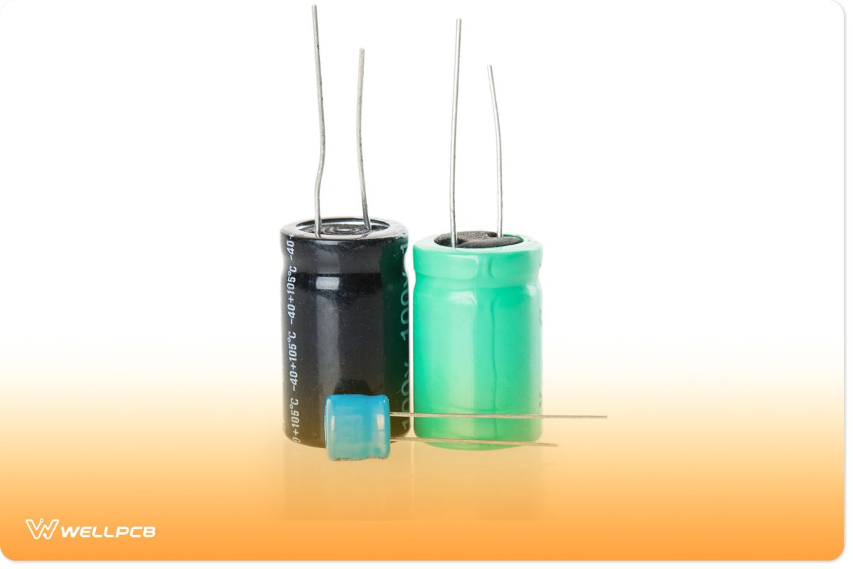 Image of three capacitors with different sizes and colors     