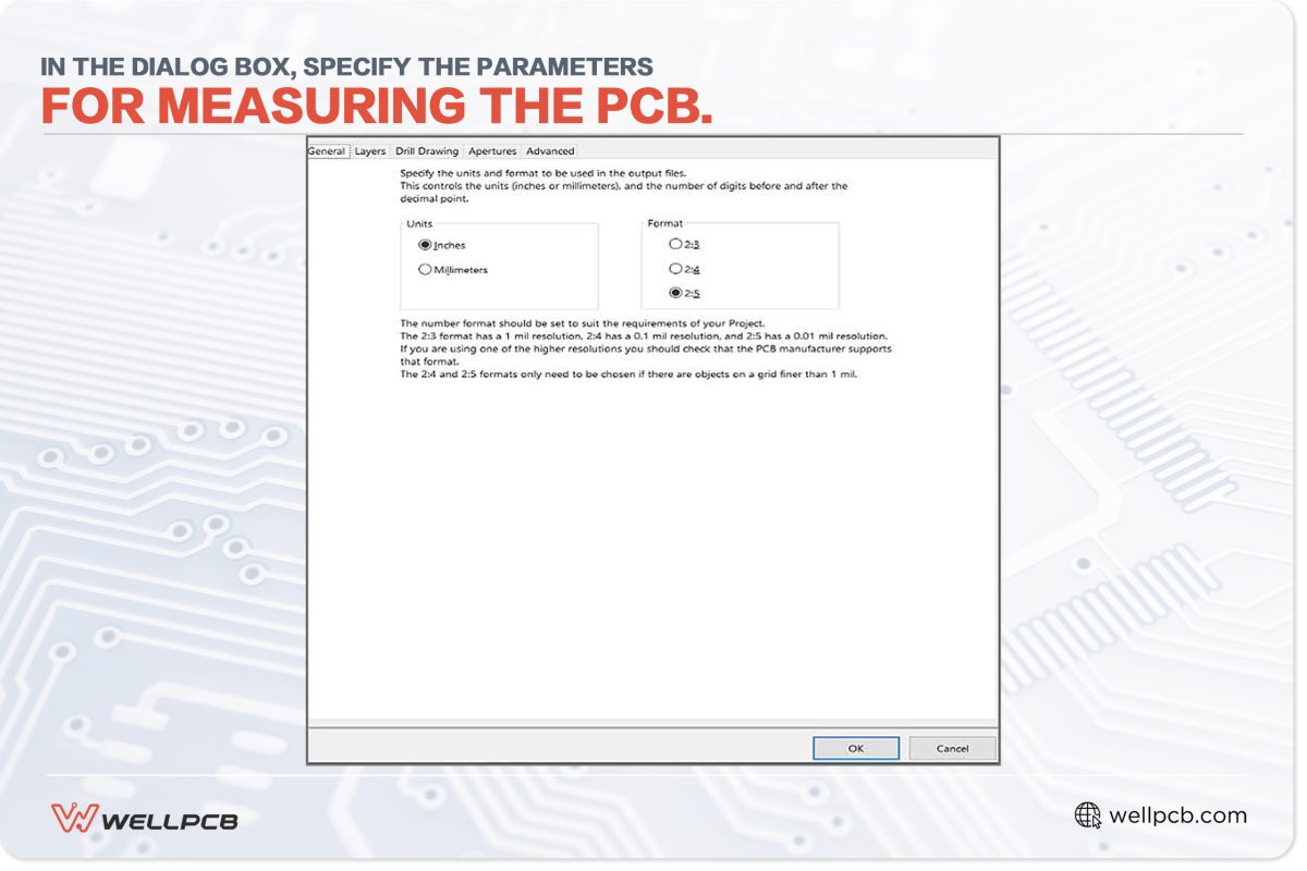 In the dialog box, specify the parameters for measuring the PCB.