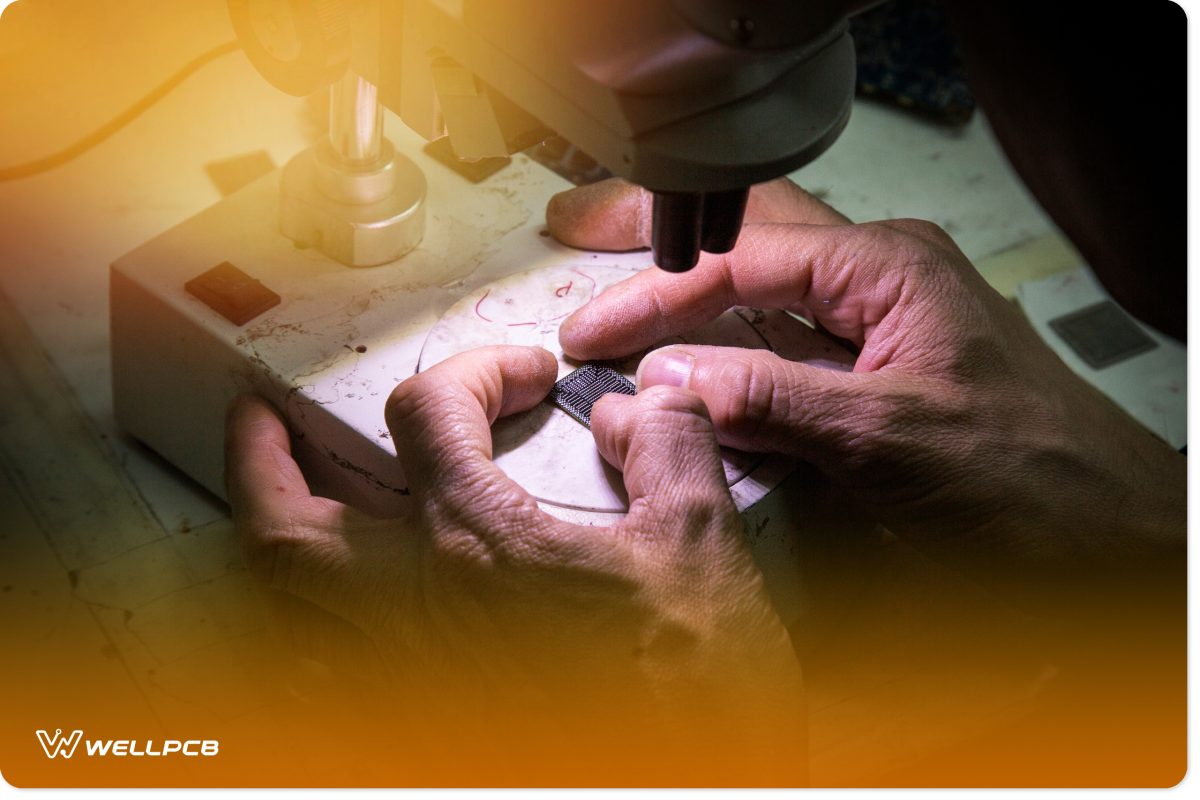 It demonstrates a technician putting solder balls on a ball grid array