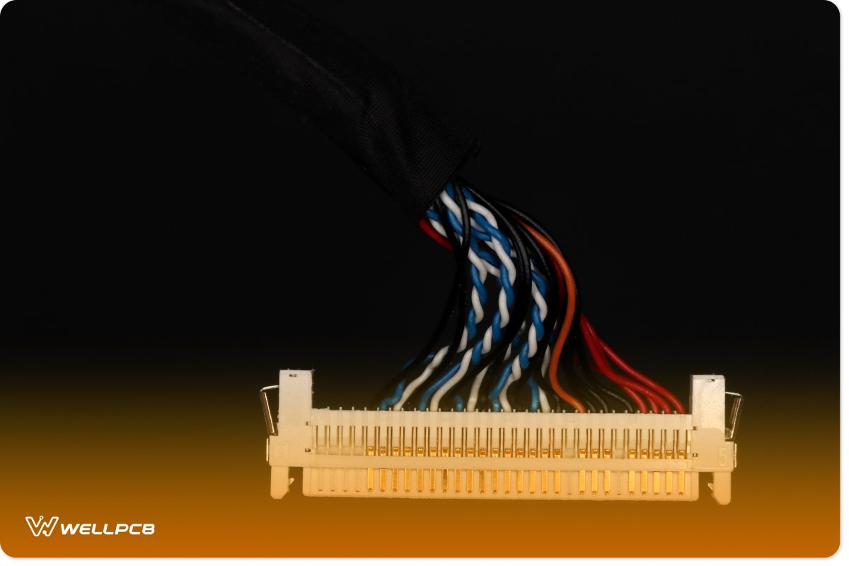 LVDS cable for mini-ITX motherboard against a black background