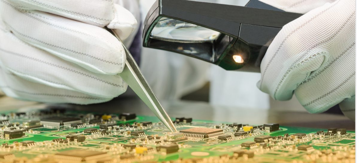 Laboratory high-tech quality control check of PCB electronic components