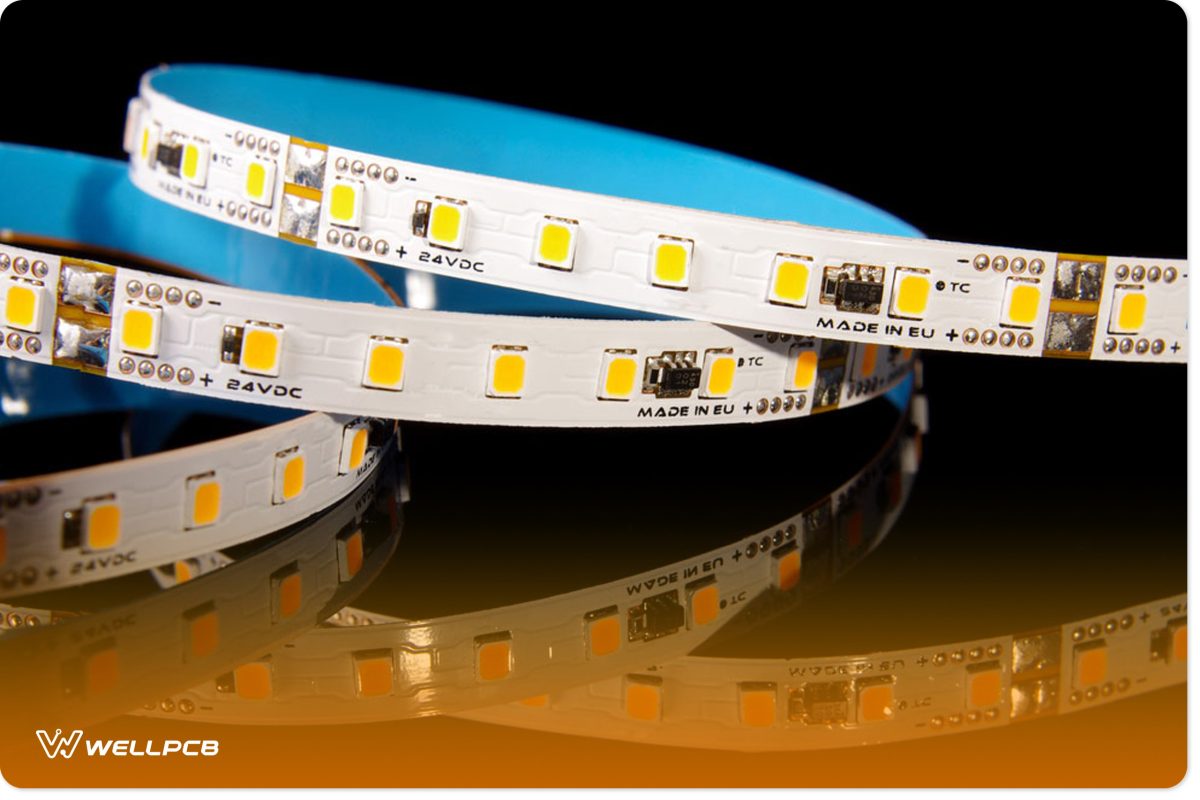 Light-emitting diode flexible printed circuit board strip for various lighting applications close up.