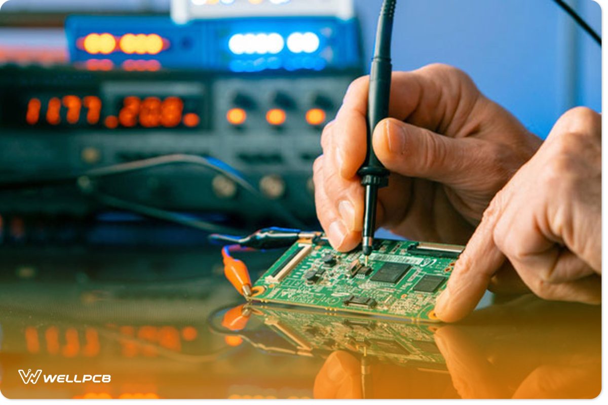 Man debugging an electronic PCB device. 