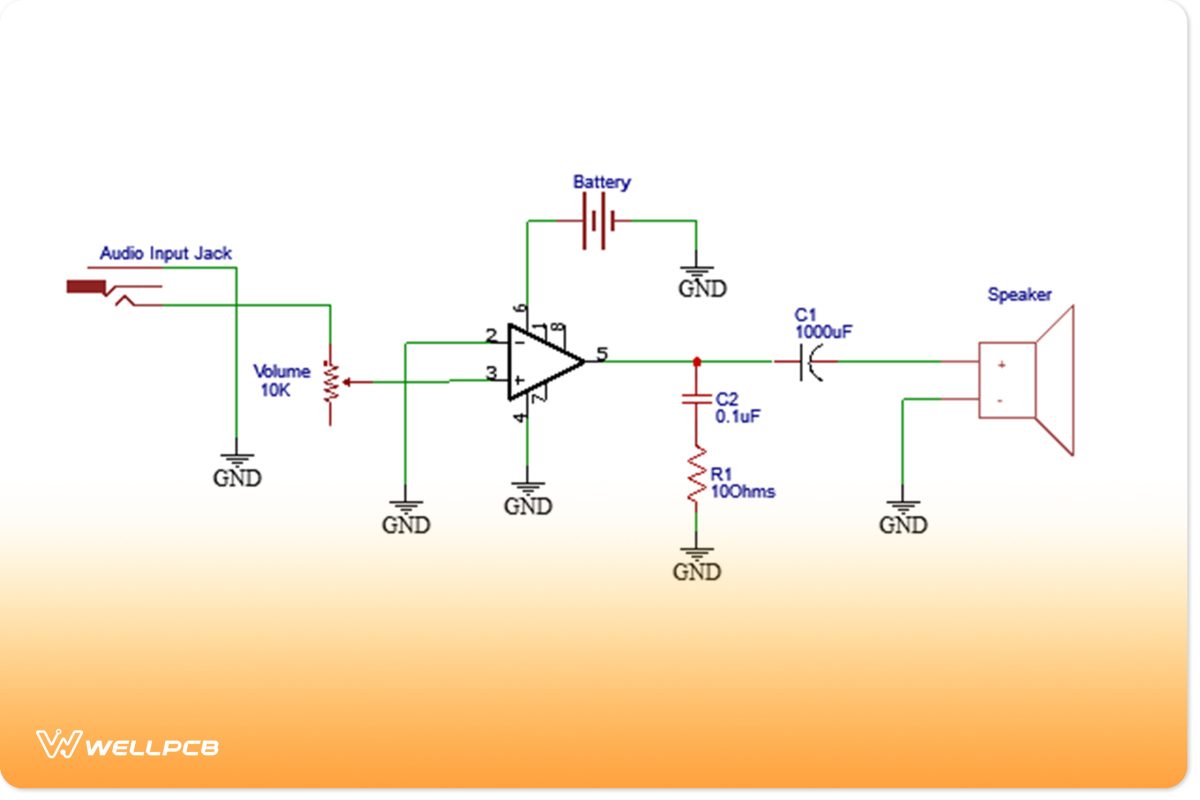 Minimal LM386 audio amplifier circuit diagram