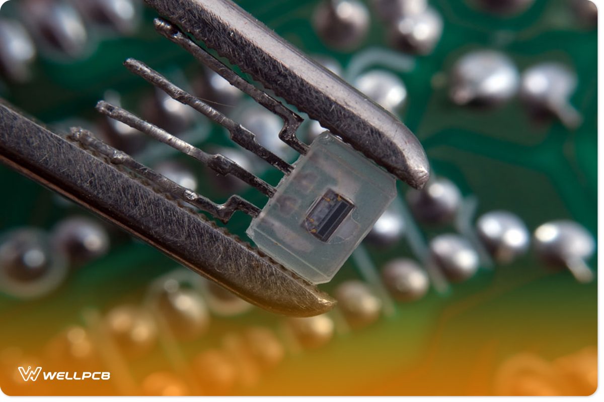 Optocoupler held between a pair of tweezers in front of a PCB