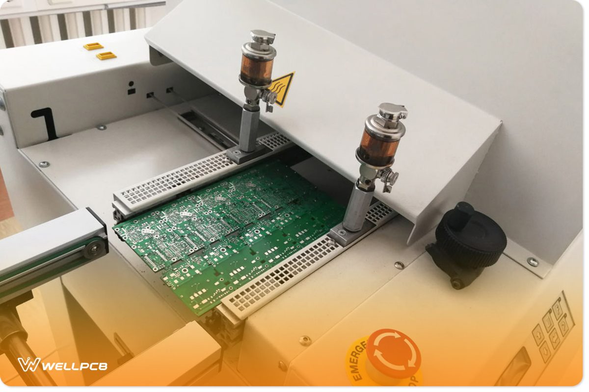 Printed circuit board after complete assembly moves to reflow oven machine 