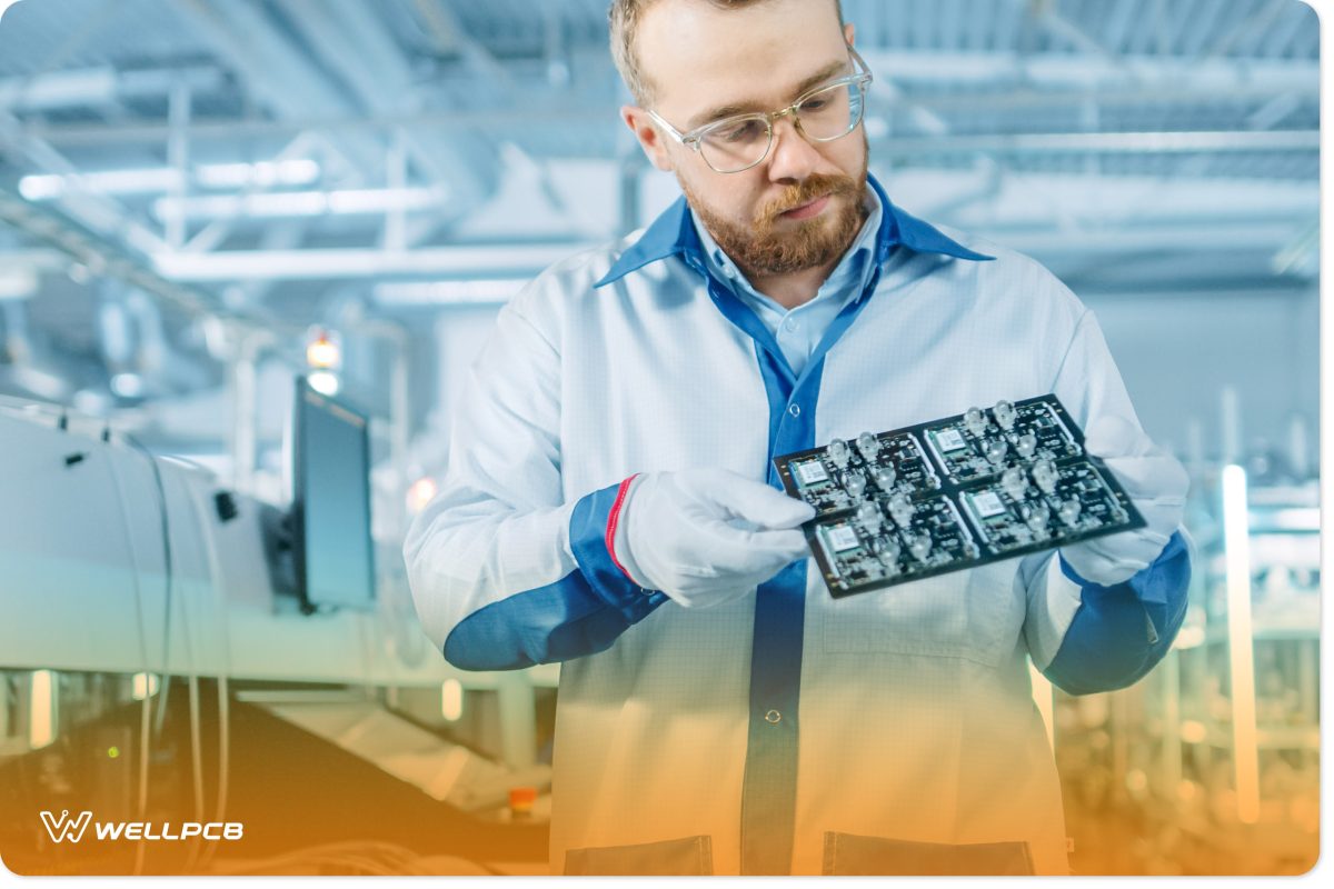 Quality Control Inspector checking electronic Printed Circuit Board for damages in a high-tech factory